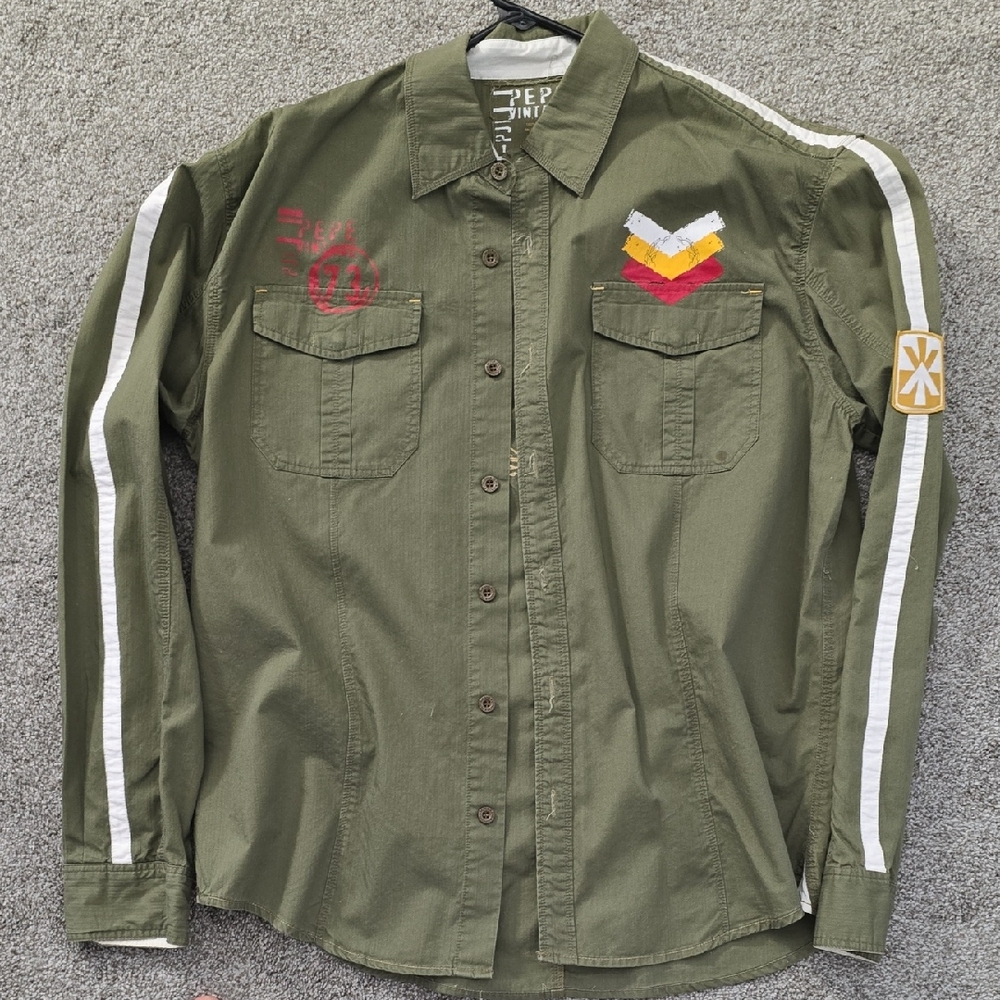 Heritage Olive Green Button Down Shirt with Unique Patches